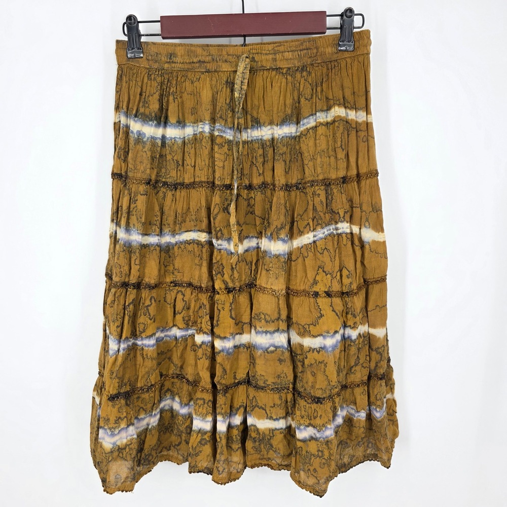 Sakkas Women Free Size Tie Dye Tiered Crinkle Cotton Midi Skirt Brown Boho Lace